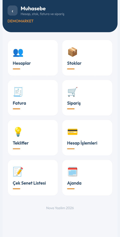 Mobil muhasebe menüsü: Hesaplar, Hesap İşlemleri